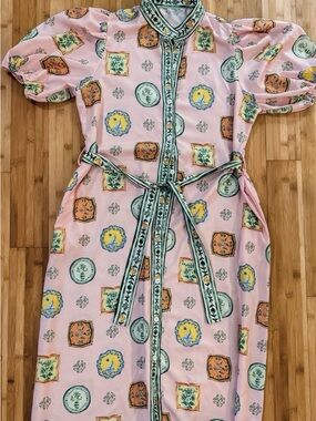 Pink Printed Midi Dress with Tie Belt